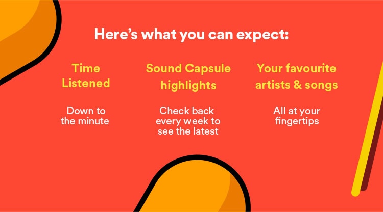 Here's what you can expect:  TIme listened, down to the minute.   Weekly Sound Capsule highlights on your listening. Check back every week to see the latest.  Your favourite artists and songs, at your fingertips.  